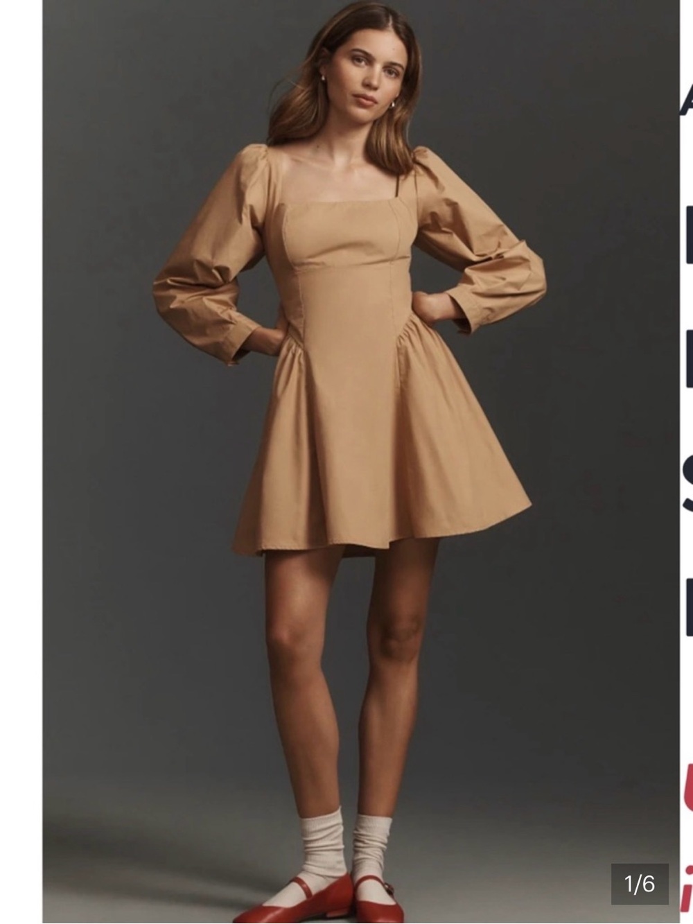 BNWT BY ANTHROPOLOGIE PUFF LONG-SLEEVE SQUARE-NECK POPLIN MINI DRESS IN CAMEL